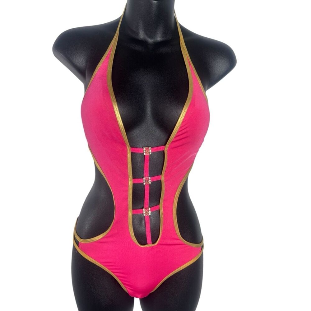 Baby phat vintage y2k pink gold shimmer monokini cut out swimsuit sexy rave